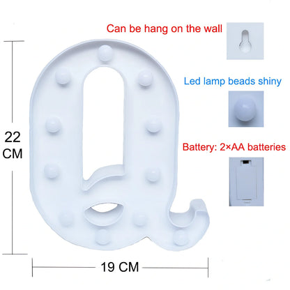 White plastic LED alphabet marquee sign with warm white illumination, 22cm height with battery operation