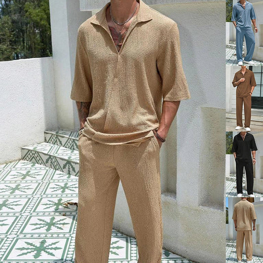 Men's summer commuter suit in cotton, available in khaki, black, lake blue, and caramel