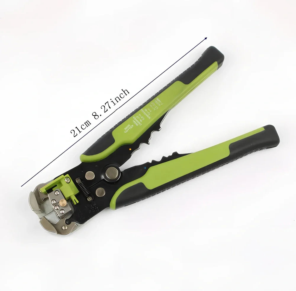 Yellow 3-in-1 automatic wire stripper crimper cutter tool, 21cm long, for 10-24 AWG wires with adjustment screw