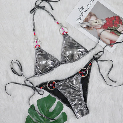Women's silver bikini with split briefs design showing front view