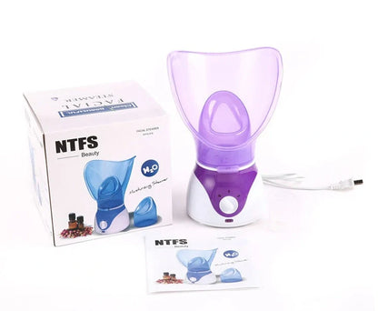 Purple AIDU ion hot spray steamer with mask, nasal mask, and measuring cup for home facial hydration