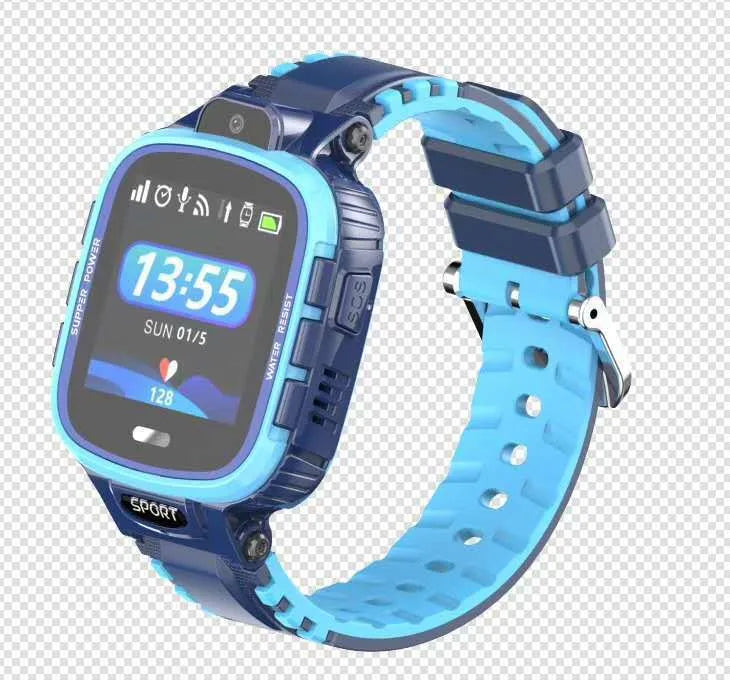Children's GPS smart watch in pink with touch screen and camera on child's wrist