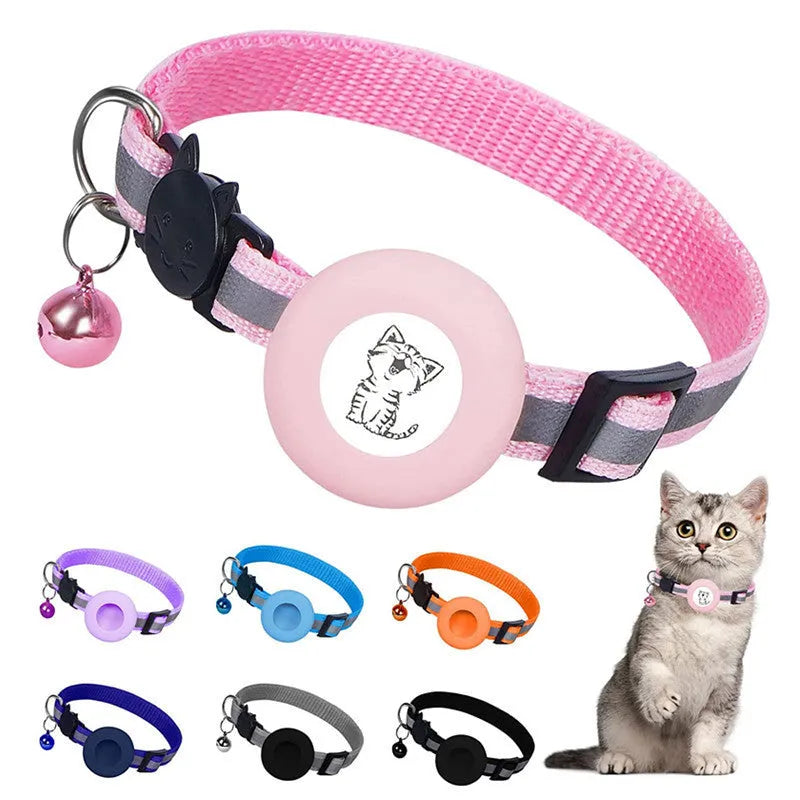 Apple Airtag protective cover collar for cats in stripes pattern with bell and reflective material