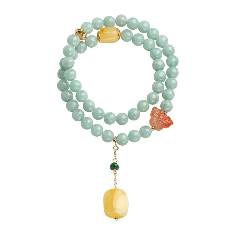 Double-layer women's bracelet with emerald jade round beads and beeswax barrel beads in geometric design