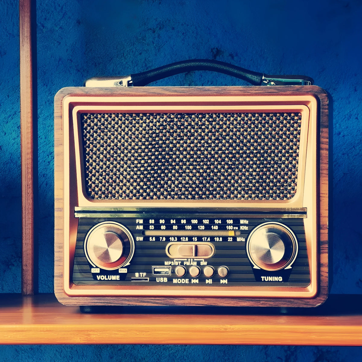 Radio Bluetooth speaker with pure wooden case, FM AM SW3 bands, USB TF slot, solar charging jack, mixed colour