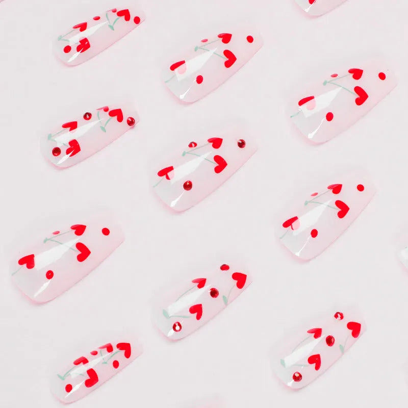 JP1601 French love pattern press-on nail stickers with red diamonds and small cherries