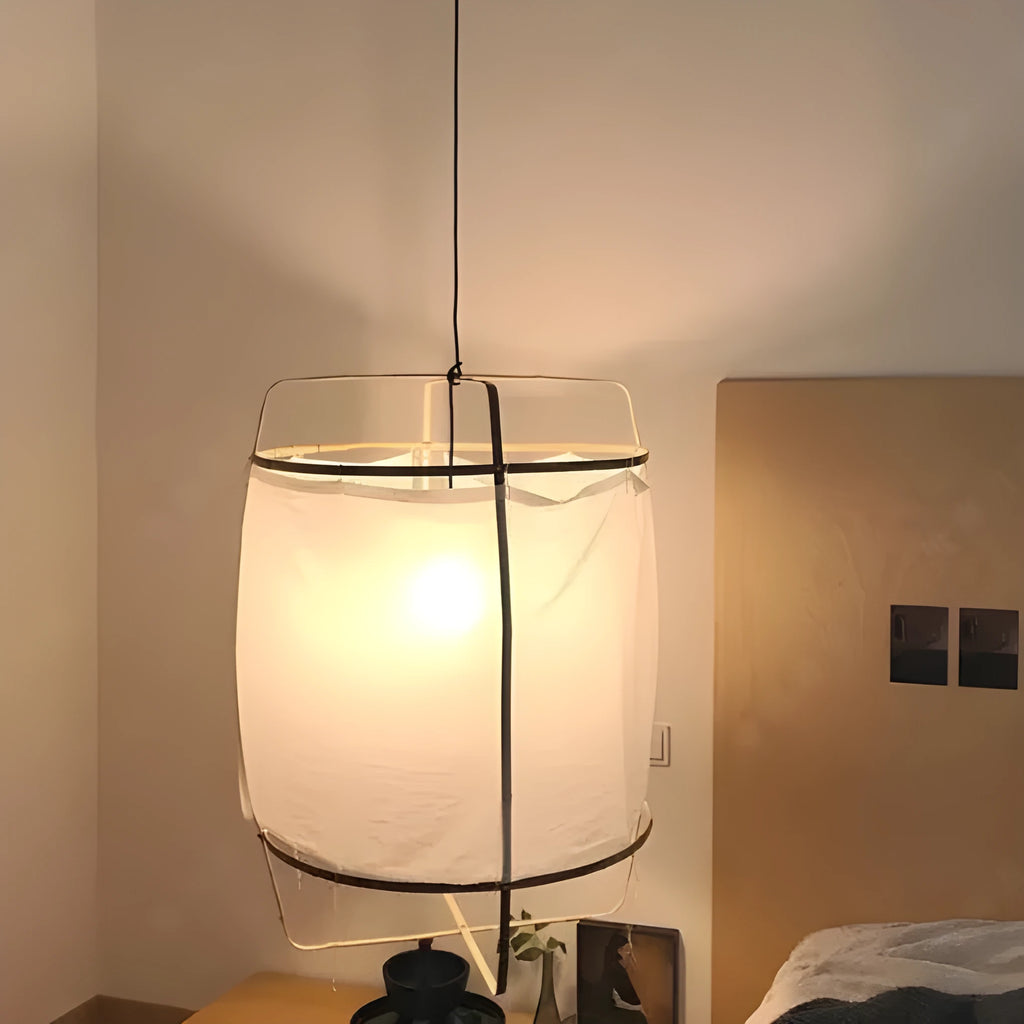 Design Pendant Lamp with 40cm mini shade in beige white gauze, linen and bamboo construction, for restaurant use
