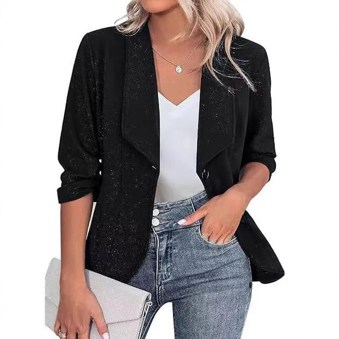 Close-fitting slim fit polyester cardigan suit jacket in black, shown as a smart casual layer.