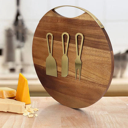 4-piece stainless steel cheese knife and acacia wood board set for elegant serving