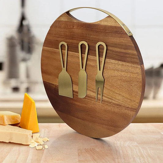 4-piece stainless steel cheese knife and acacia wood board set for elegant serving