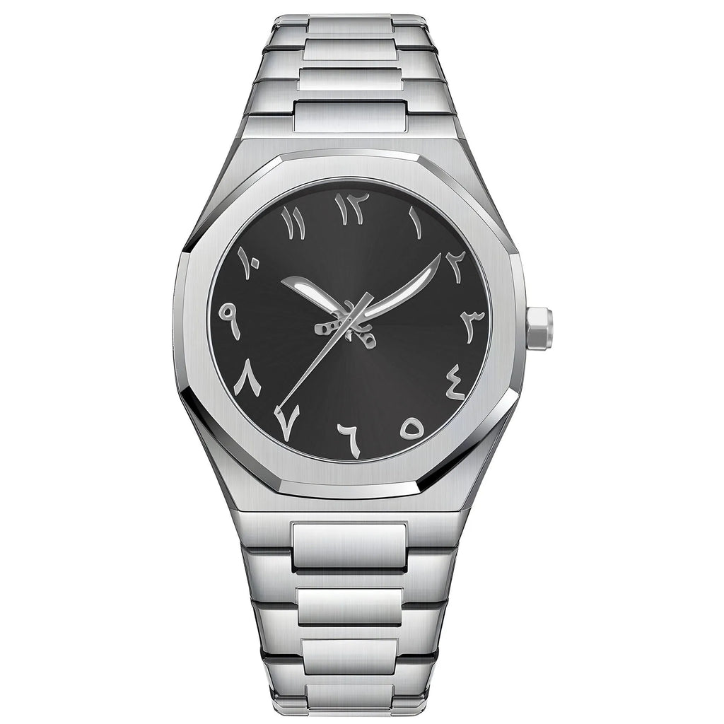 Men's business quartz watch with steel bracelet in black and silver colour options