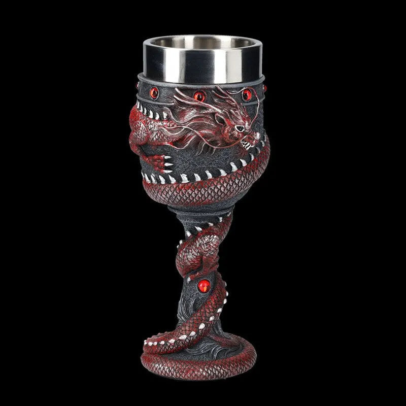 Red and gold stainless steel wine glass with 3D Chinese dragon resin design, 200ml capacity.