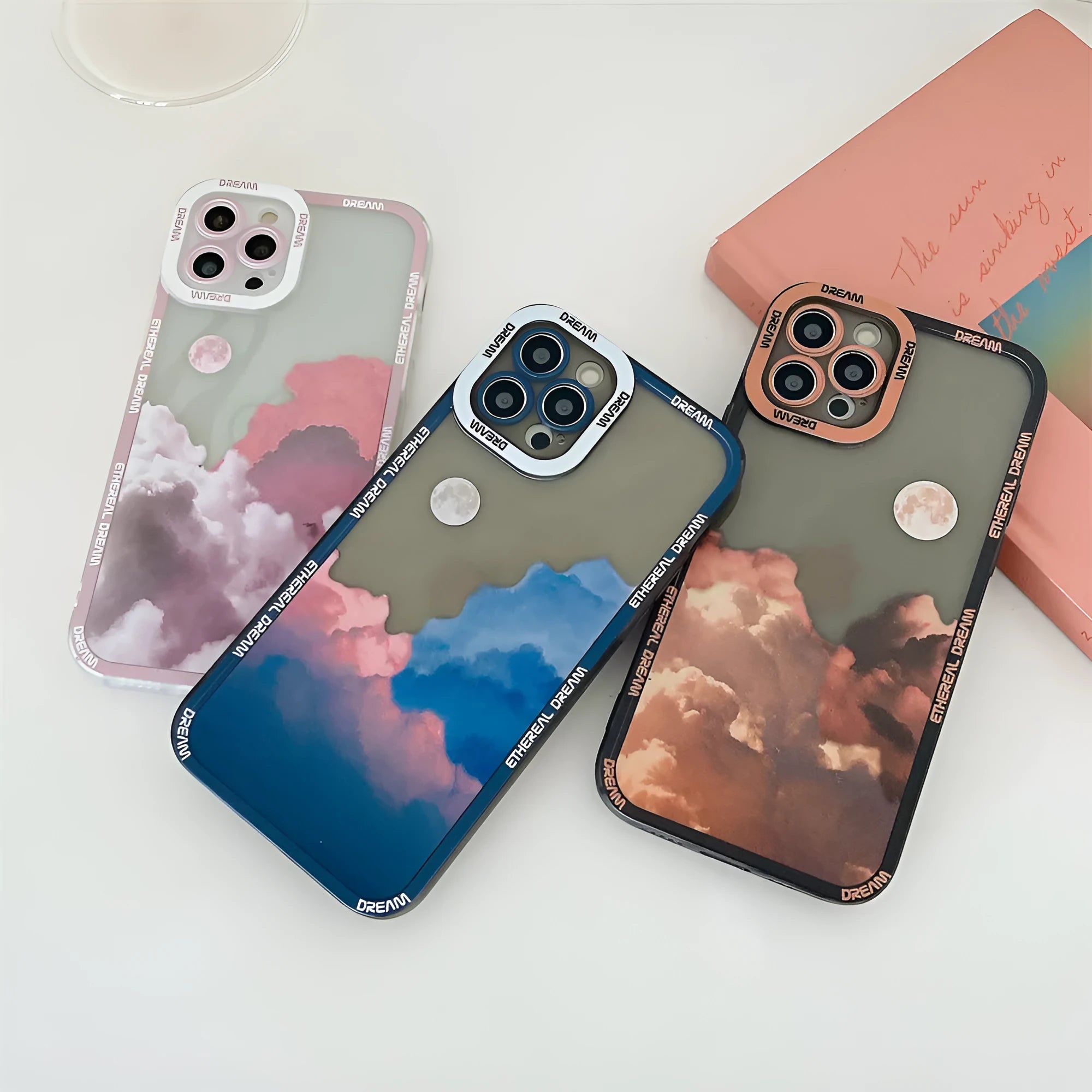 Sunset clouds design TPU back cover case for Apple iPhone in blue, orange or pink colour.