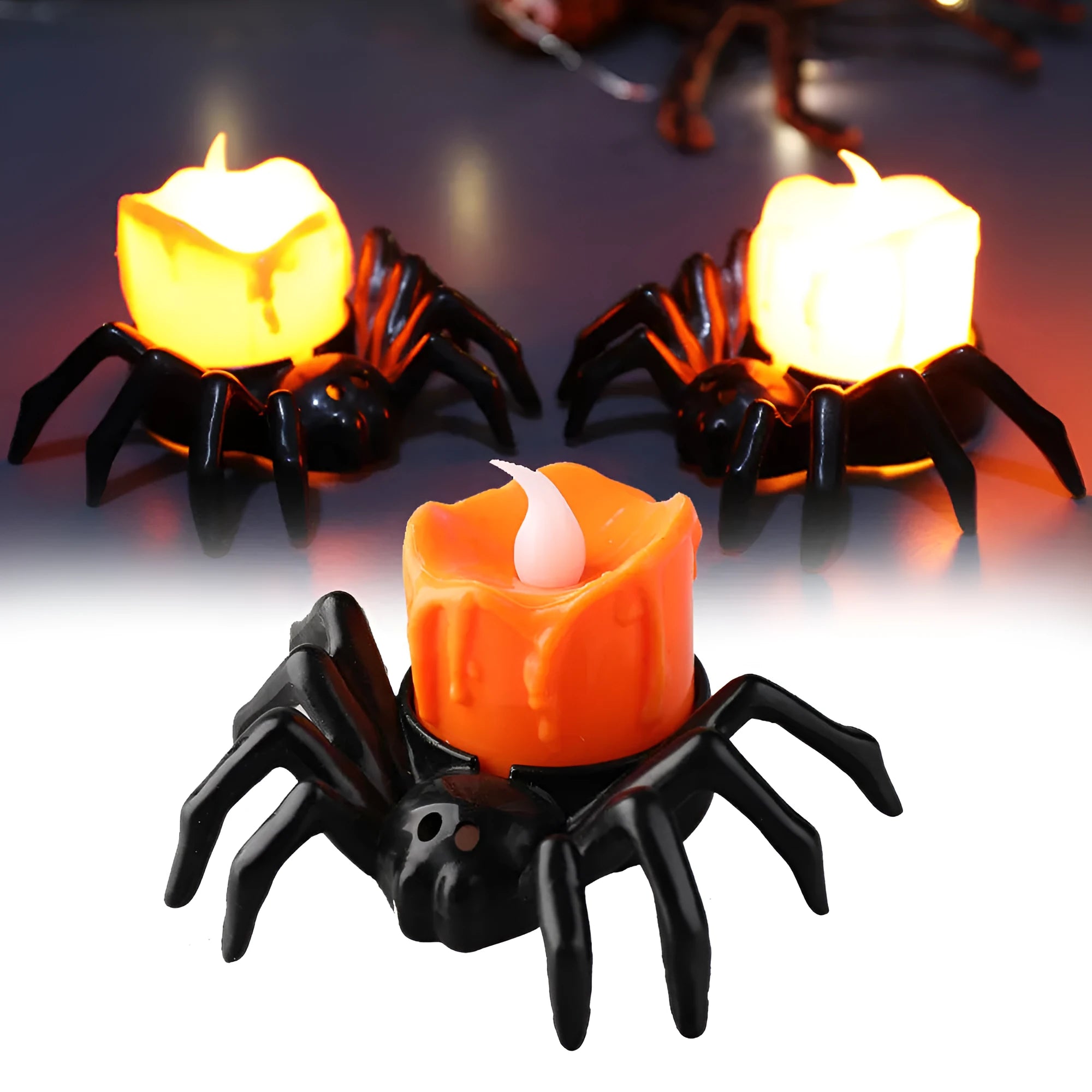 Halloween spider-back candle light ornament with plastic construction measuring 7 by 8.5 by 5 centimetres