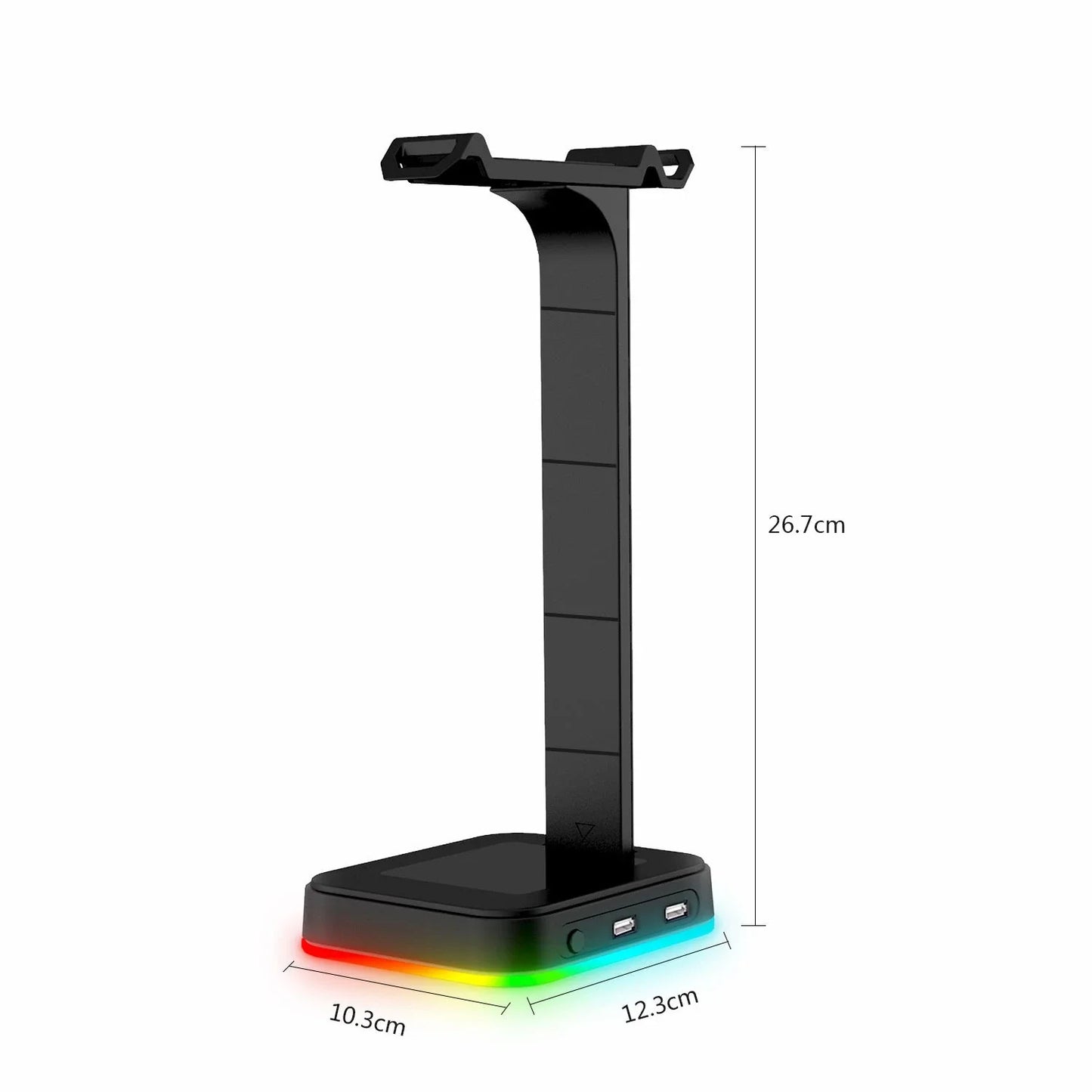 Sleek RGB headphone stand with power strip and charging ports for organized and customizable gaming setup