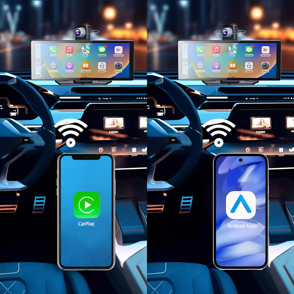 360° panoramic dash cam touchscreen mounted on car centre console with front and rear recording view