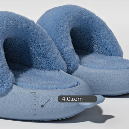 Cozy shark-inspired slippers in various colors, featuring plush, fuzzy material and durable non-slip soles