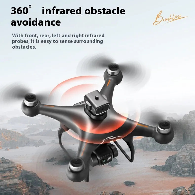 Black HD brushless motor UAV quadcopter with four-side obstacle avoidance sensors and mounted HD camera.