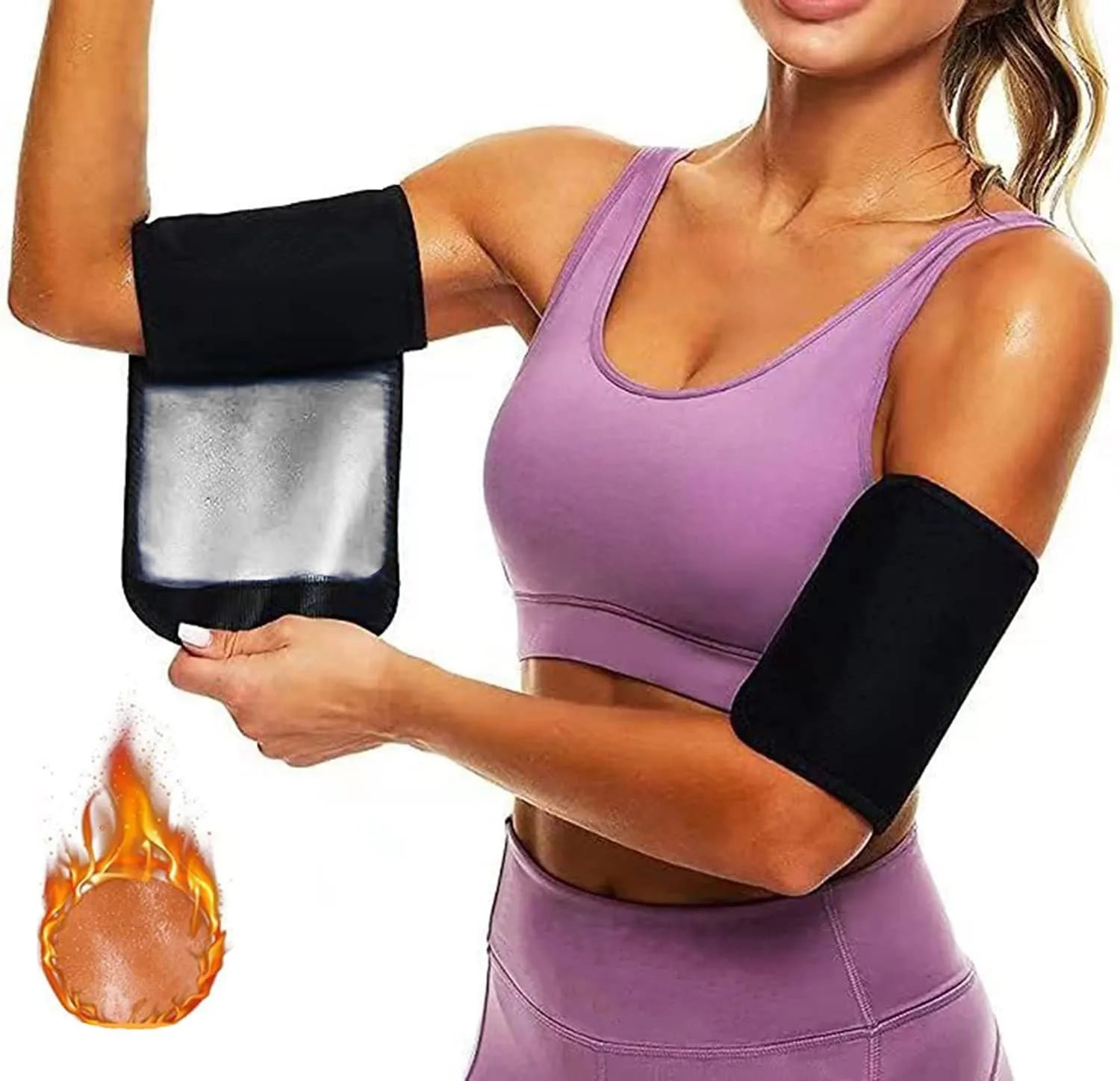 Adjustable arm sweatband in blue colour with binding strap, shown on an arm.