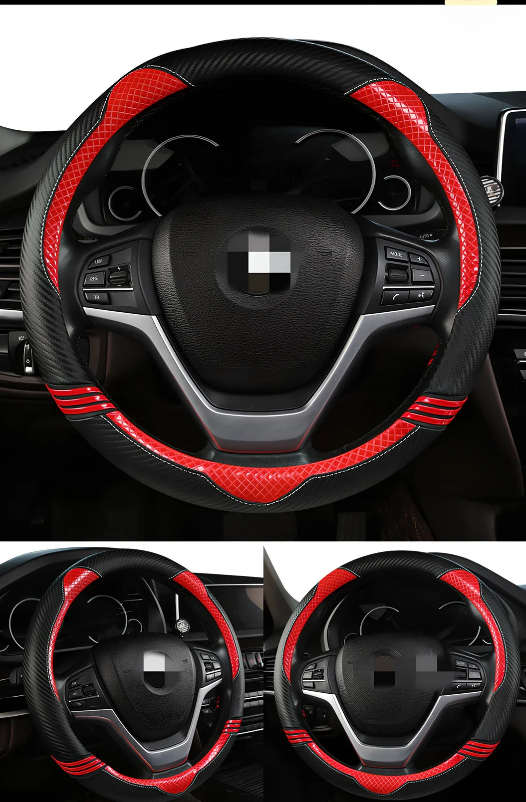 Cute cat steering wheel cover in carbon fibre black with blue accents for 38cm diameter, imitation leather material