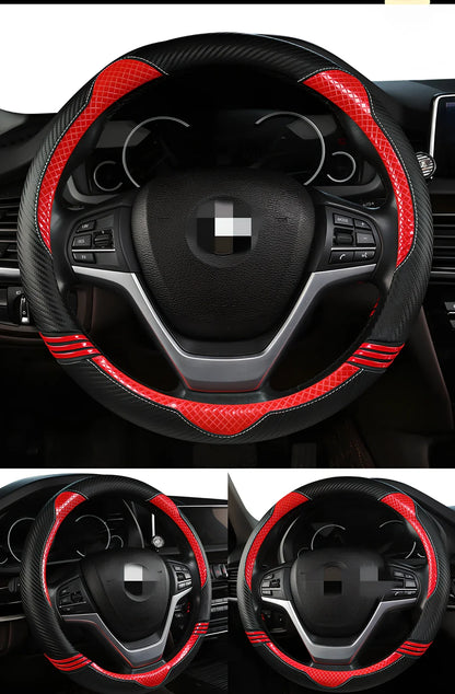 Cute cat steering wheel cover in carbon fibre black with blue accents for 38cm diameter, imitation leather material