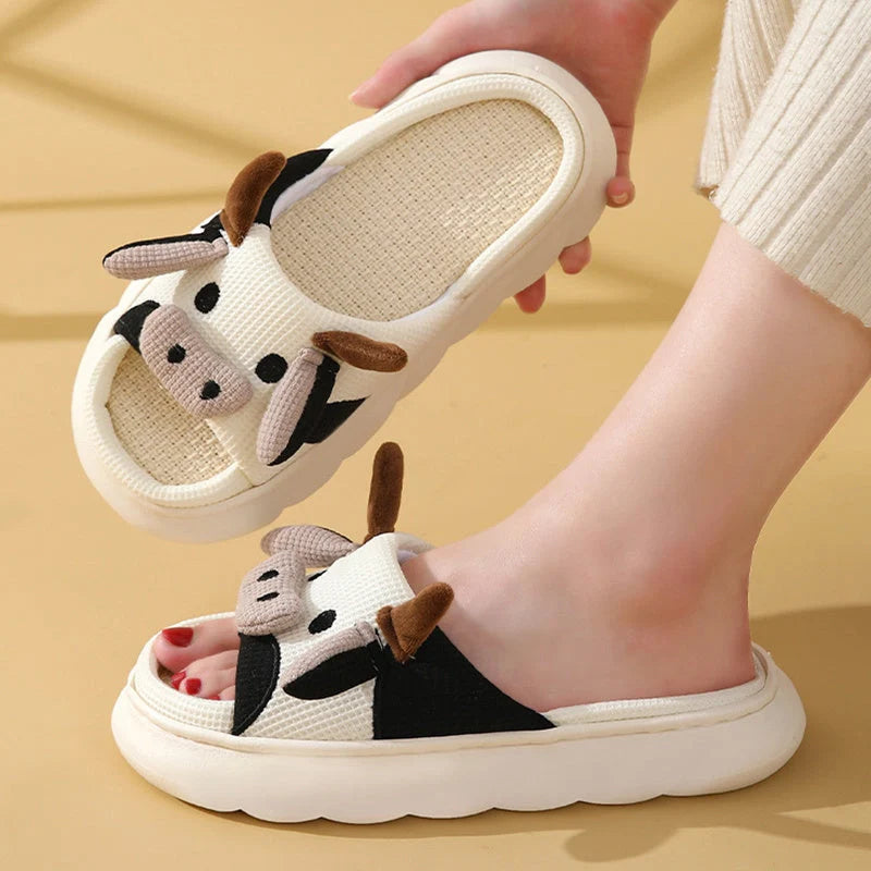 Cartoon cow frog design linen slippers with non-slip PVC sole