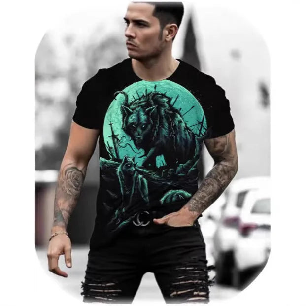 Men's grey short-sleeved T-shirt with a retro-style 3D tiger print on the front.