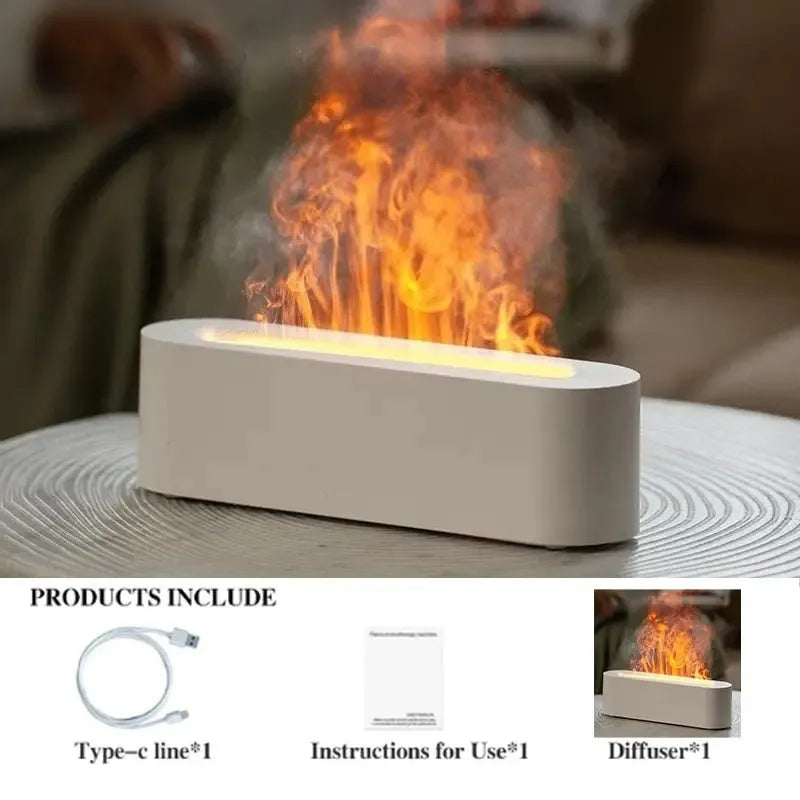 White square ultrasonic flame aroma diffuser with LED lights on a wooden table.