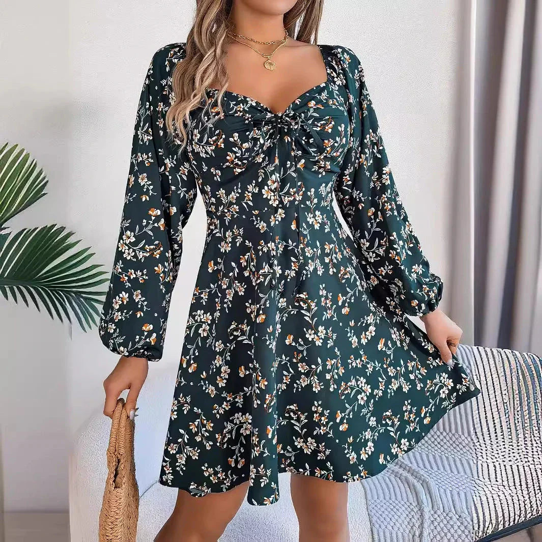 Stylish floral dress with lantern sleeves in various colors and sizes, showcasing a comfortable and flattering A-line silhouette.