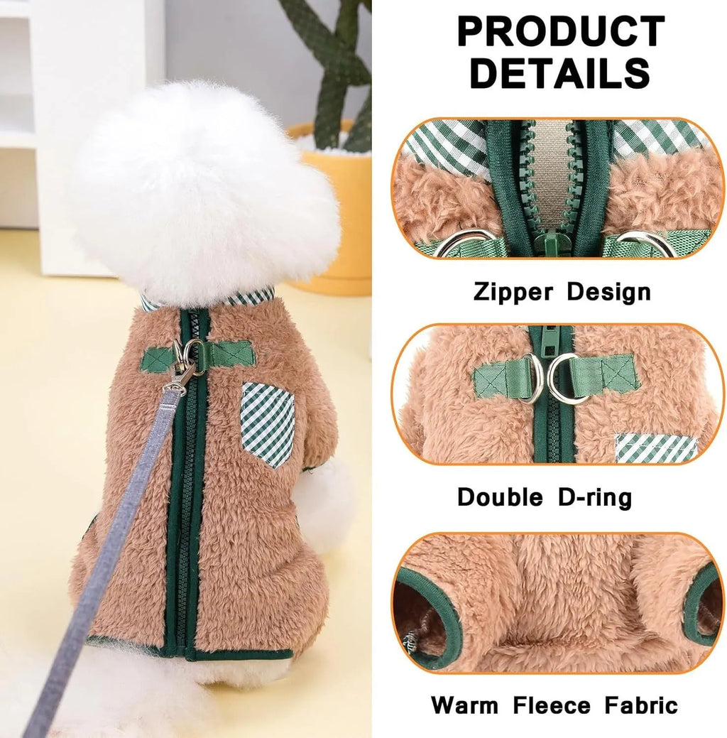 Green plush fleece dog jumpsuit on a small dog, showing zipper back and leg coverage.