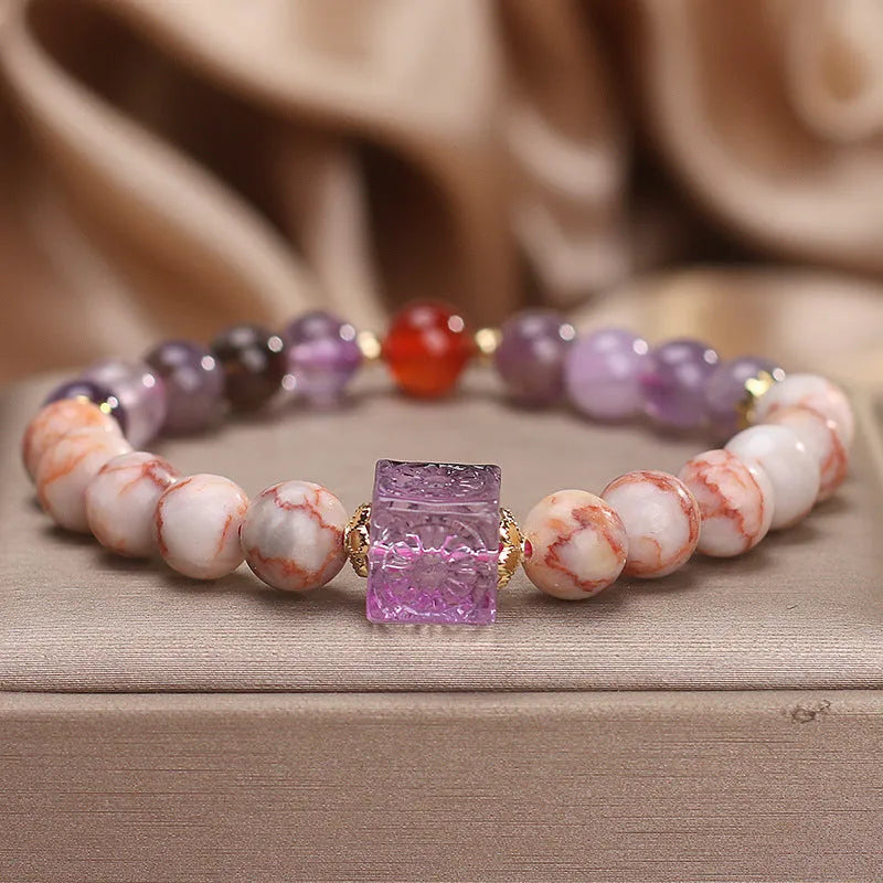 Natural agate bracelet in Amethyst Alashan colour for women, ethnic style on a light background
