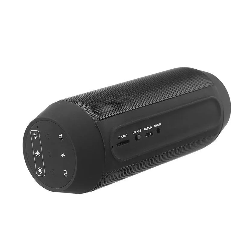 Black Bluetooth speaker with metal shell, colourful LED lights, and button controls on a desk