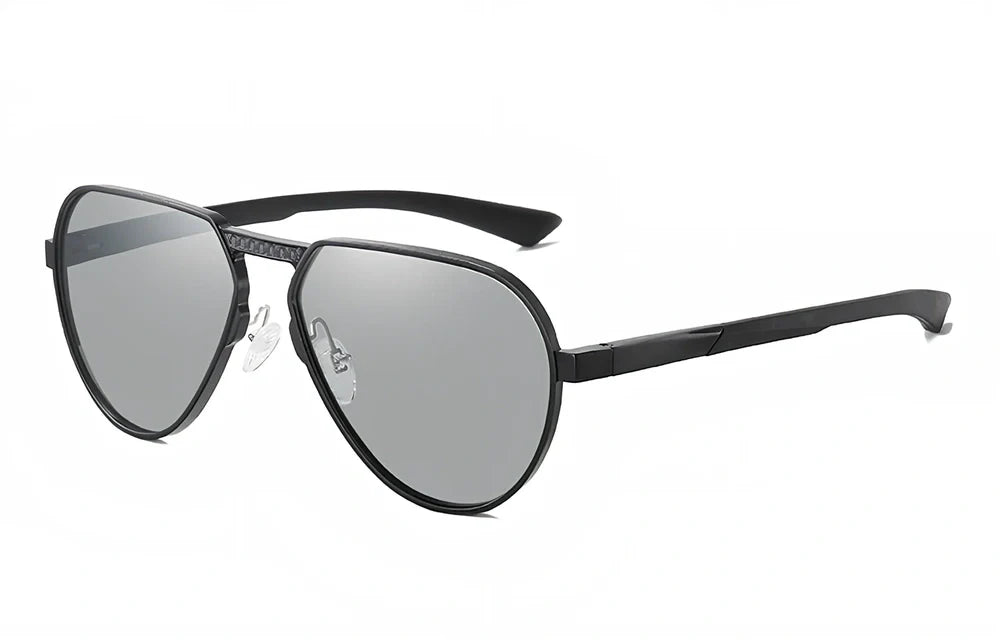 Large frame polarised glasses in black alloy with gray TAC lenses, reducing glare by 99% for clear vision