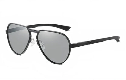 Large frame polarised glasses in black alloy with gray TAC lenses, reducing glare by 99% for clear vision