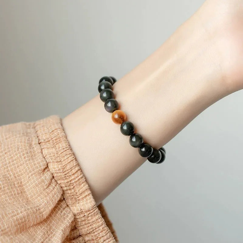 Black obsidian geometric bead bracelet in Korean style, showing 6mm, 8mm and 10mm size options.