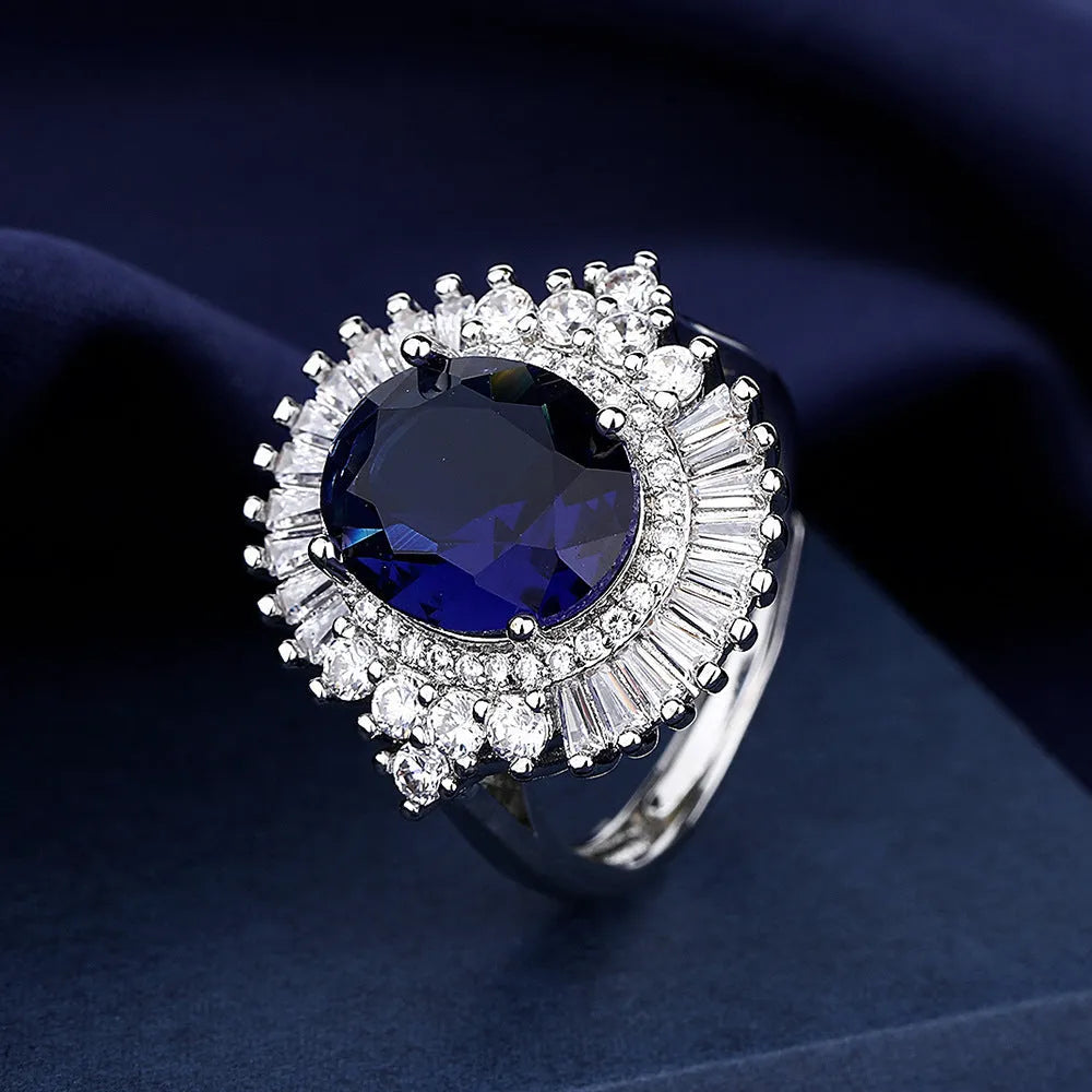 Sea blue heart square full diamond accent crown shape adjustable ring in white gold colour on copper base