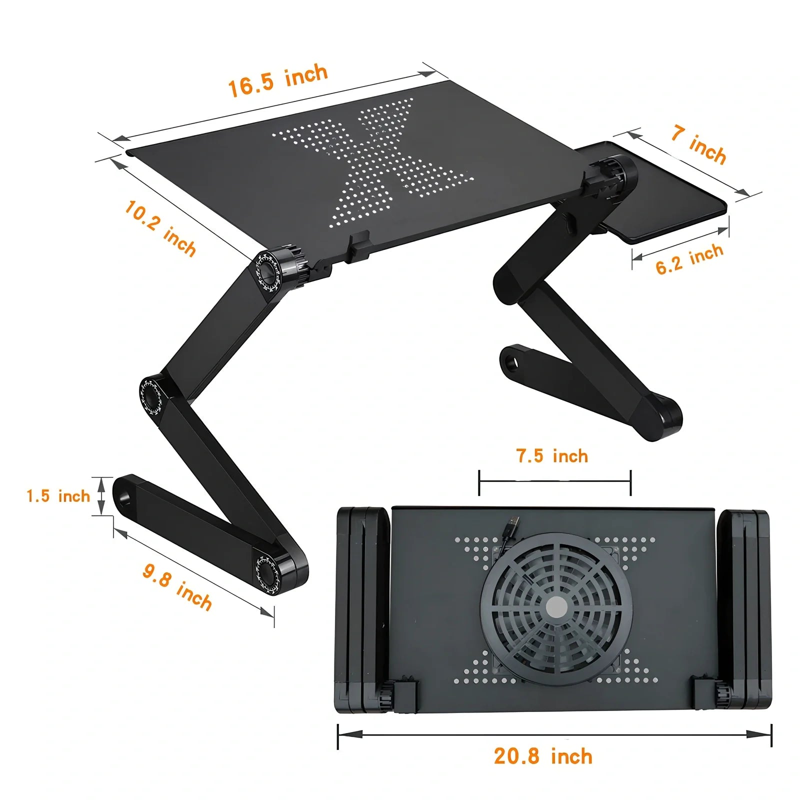 Adjustable aluminium laptop stand with cooling fan in black colour, showing height adjustment mechanism