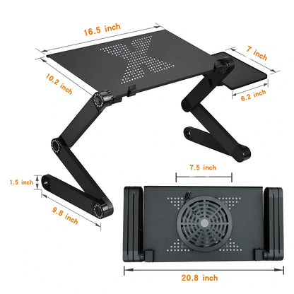 Adjustable aluminium laptop stand with cooling fan in black colour, showing height adjustment mechanism