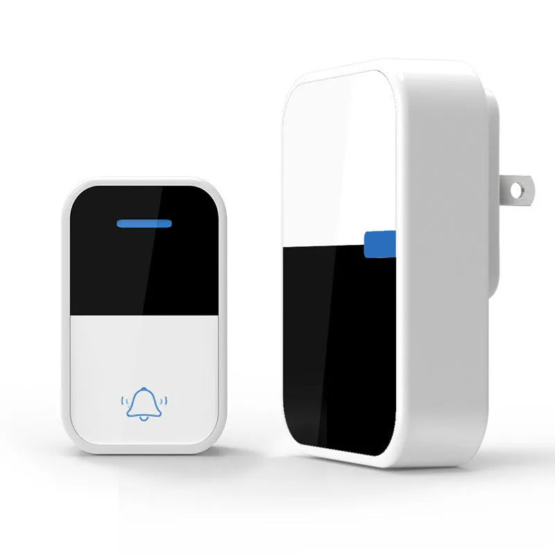 White modern wireless doorbell receiver and transmitter unit on a plain background.