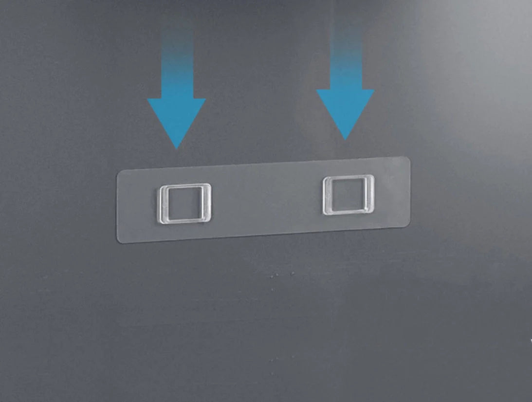 Non-marking hanging magnetic toothbrush holder with toothpaste squeezer in blue and grey