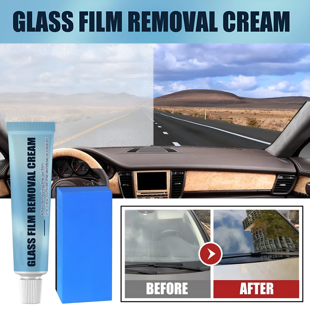 Blue car glass oil film remover with separate sponge applicator for windscreen cleaning.