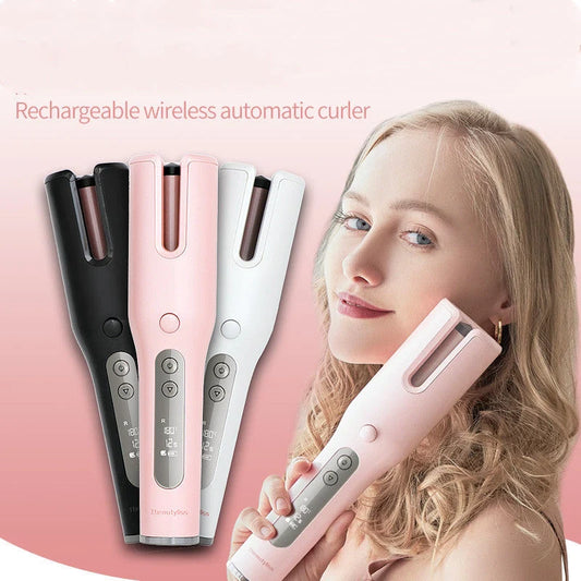 Wireless Automatic Curler with USB LCD Screen and Ceramic Heating in Pink and White