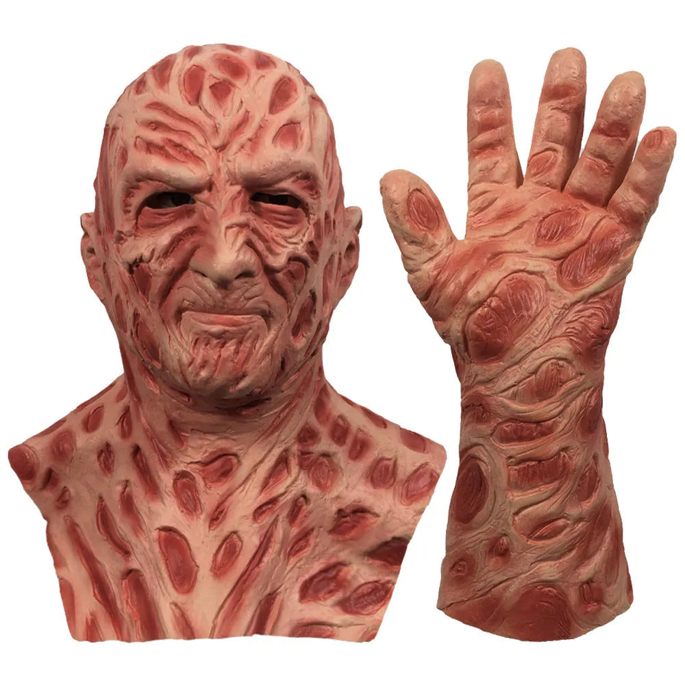 White latex horror grimace mask and gloves with Freddy Krueger styling on a dark surface