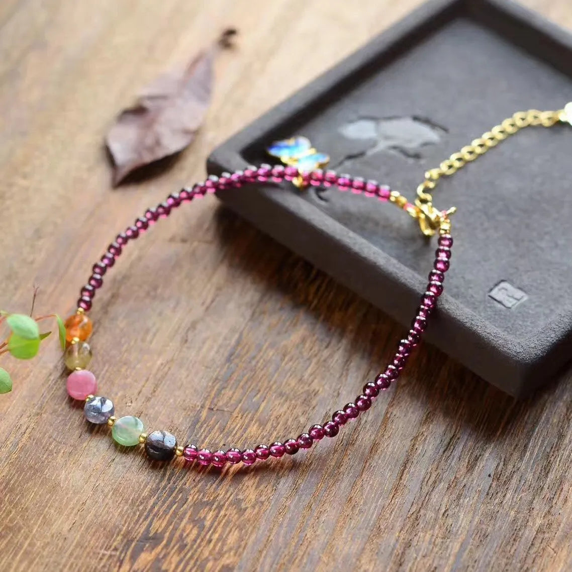Purple garnet ethnic geometric anklet for women with adjustable chain