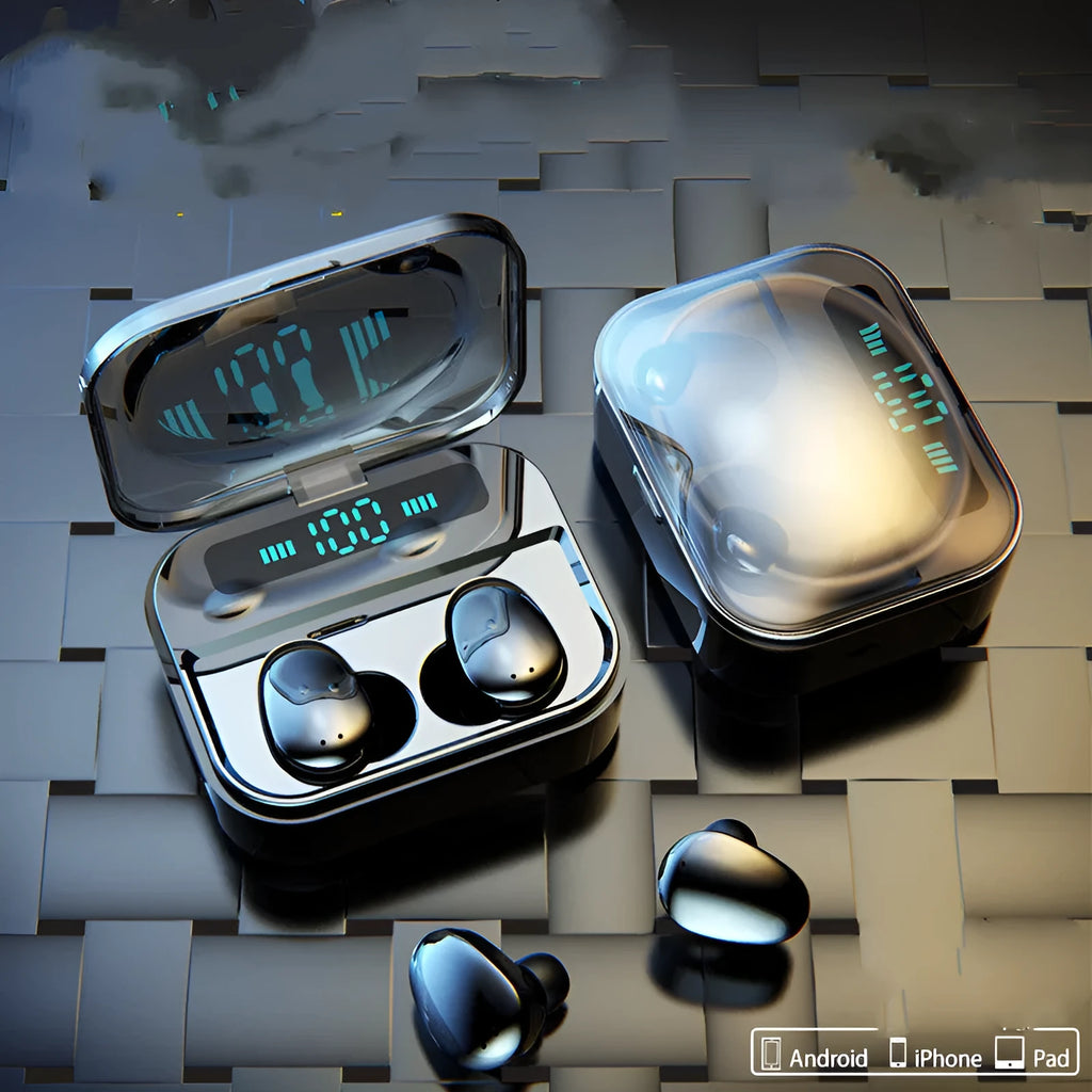 X7LED black and white sports Bluetooth in-ear headphones with charging compartment showing LED display