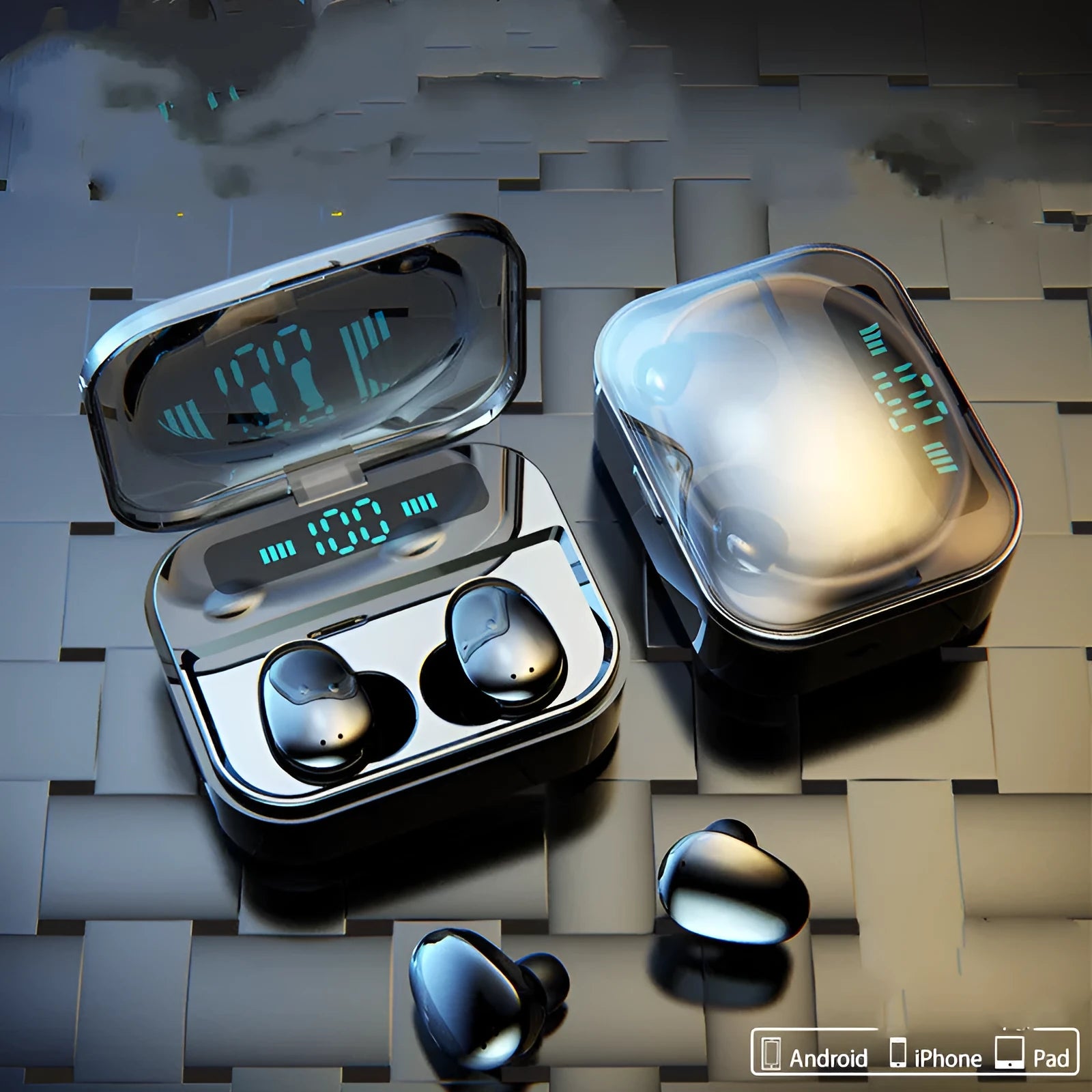 X7LED black and white sports Bluetooth in-ear headphones with charging compartment showing LED display