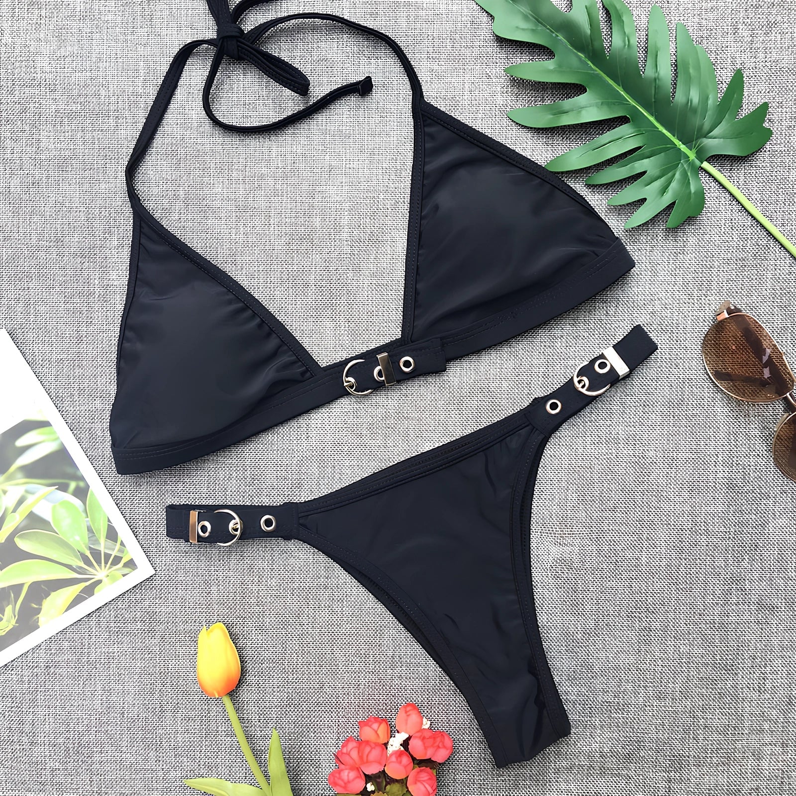 Women's black adjustable nylon bikini set with removable pads and tie straps