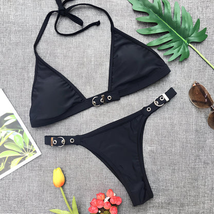 Women's black adjustable nylon bikini set with removable pads and tie straps