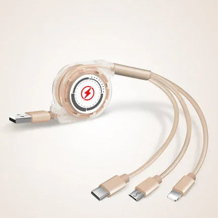 Black telescopic charging cable extended to full length showing three different connector types