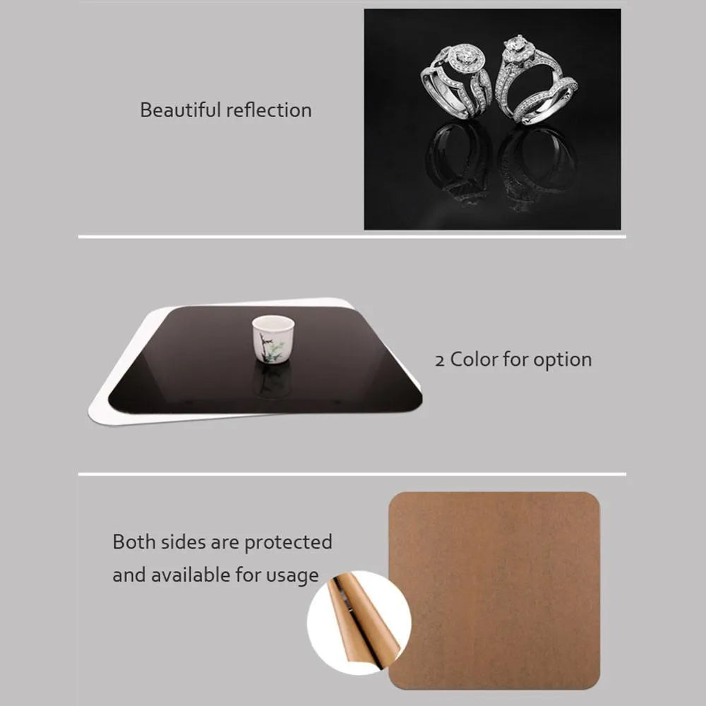 Black and white square acrylic reflection boards for tabletop product photography in three sizes.